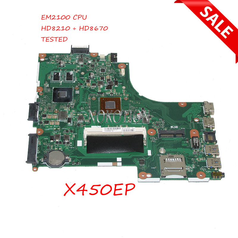 NOKOTION Laptop Motherboard For Asus X450EP 60NB0420-MB2600-200 With EM2100 CPU DDR3 HD8670 Video ca