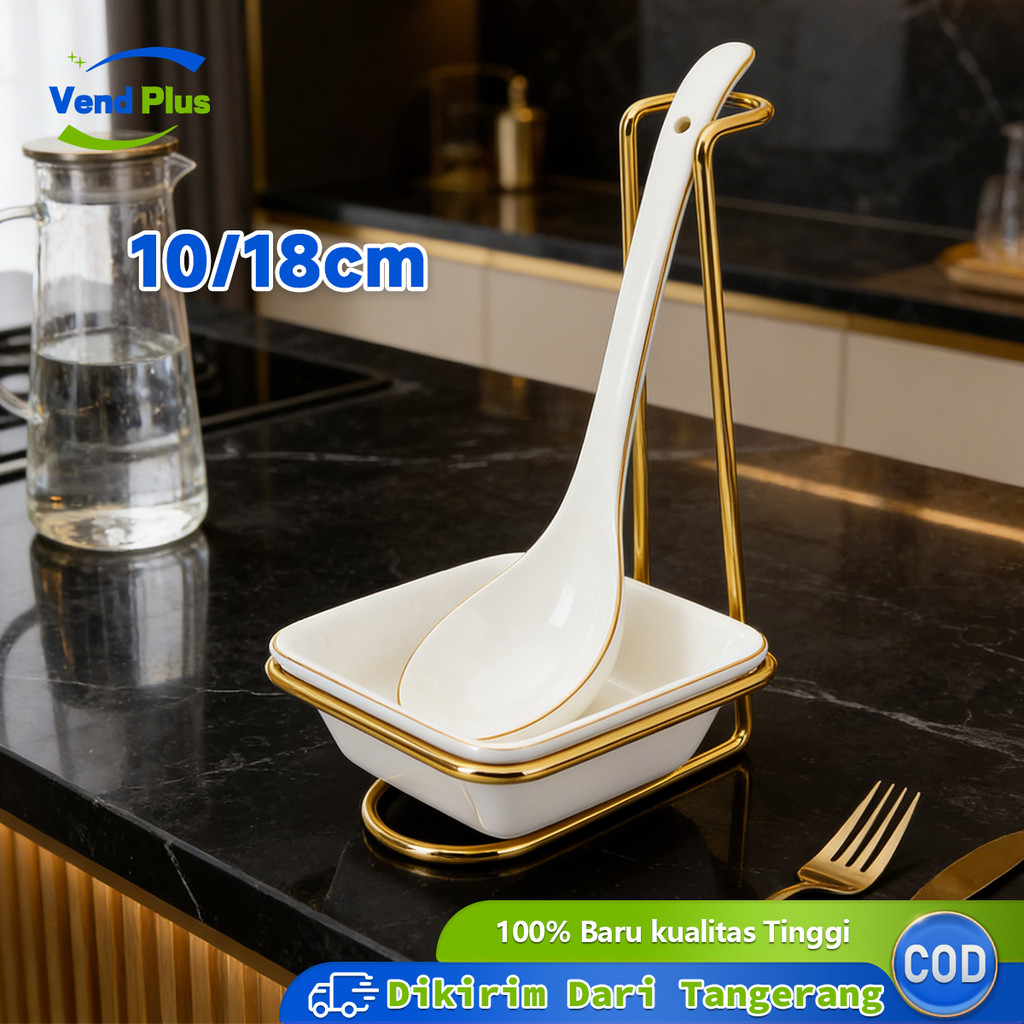 Ladle Soup Holder Sendok Sup Berdiri Ladle Stand Spoon Holder Stainless Steel Dengan Mangkuk Keramik