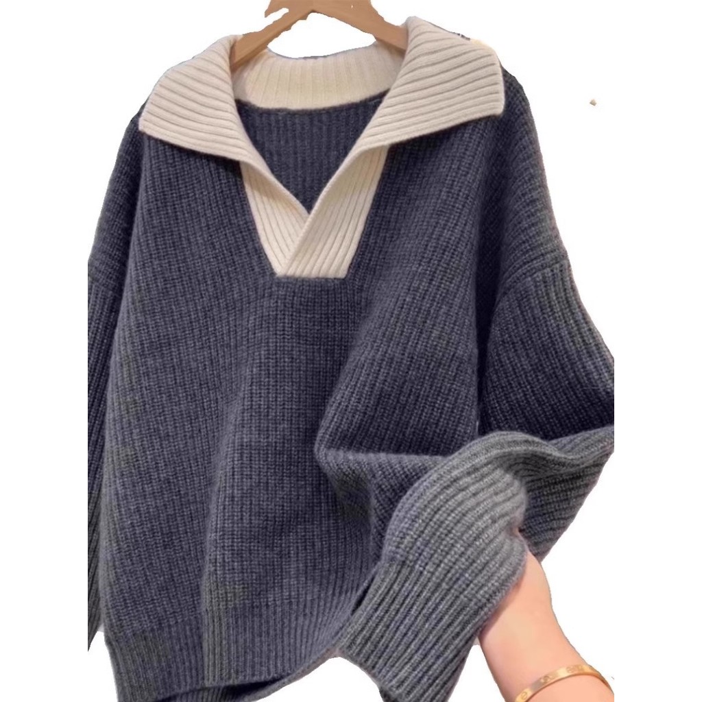 [Saror]polo Sweater wanita berwarna abu-abu dengan kerah, rajutan lembut dan nyaman.