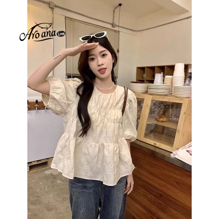Aroana Love lengan Puff blus Wanita Perancis Top Lengan Pendek Desain Niche   dan  Baru Pendek Kecil