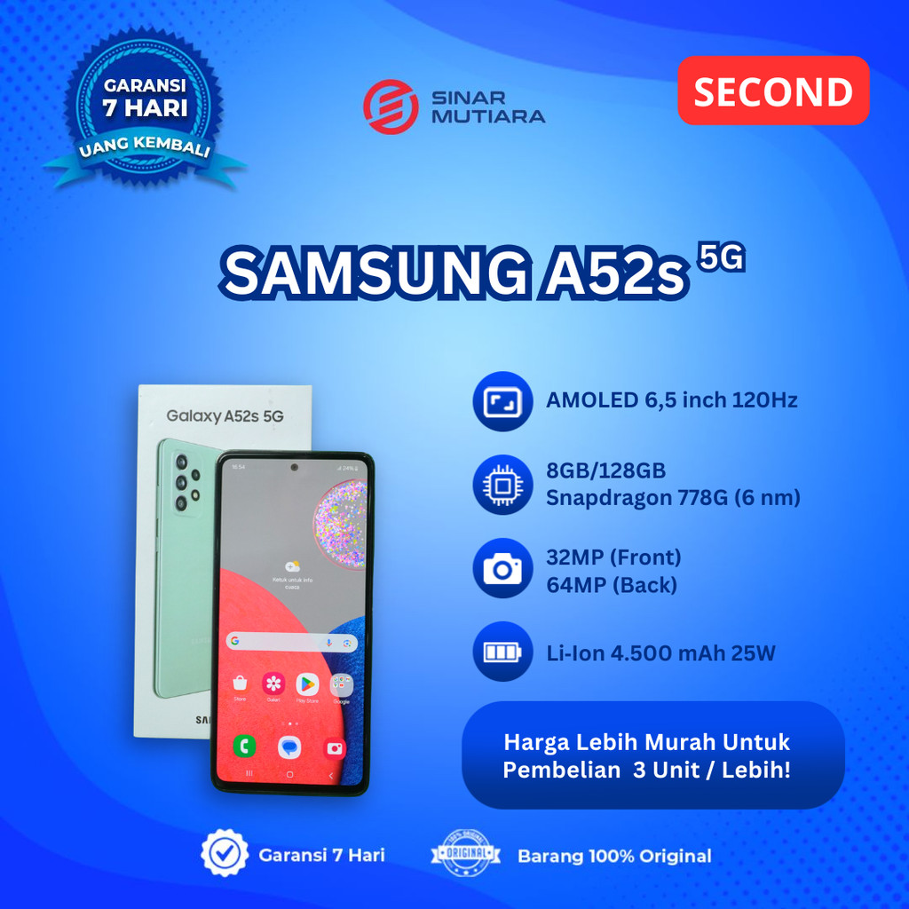 SAMSUNG A52S 8/128 GB (5G) HP SECOND ORIGINAL SINAR MUTIARA CELL