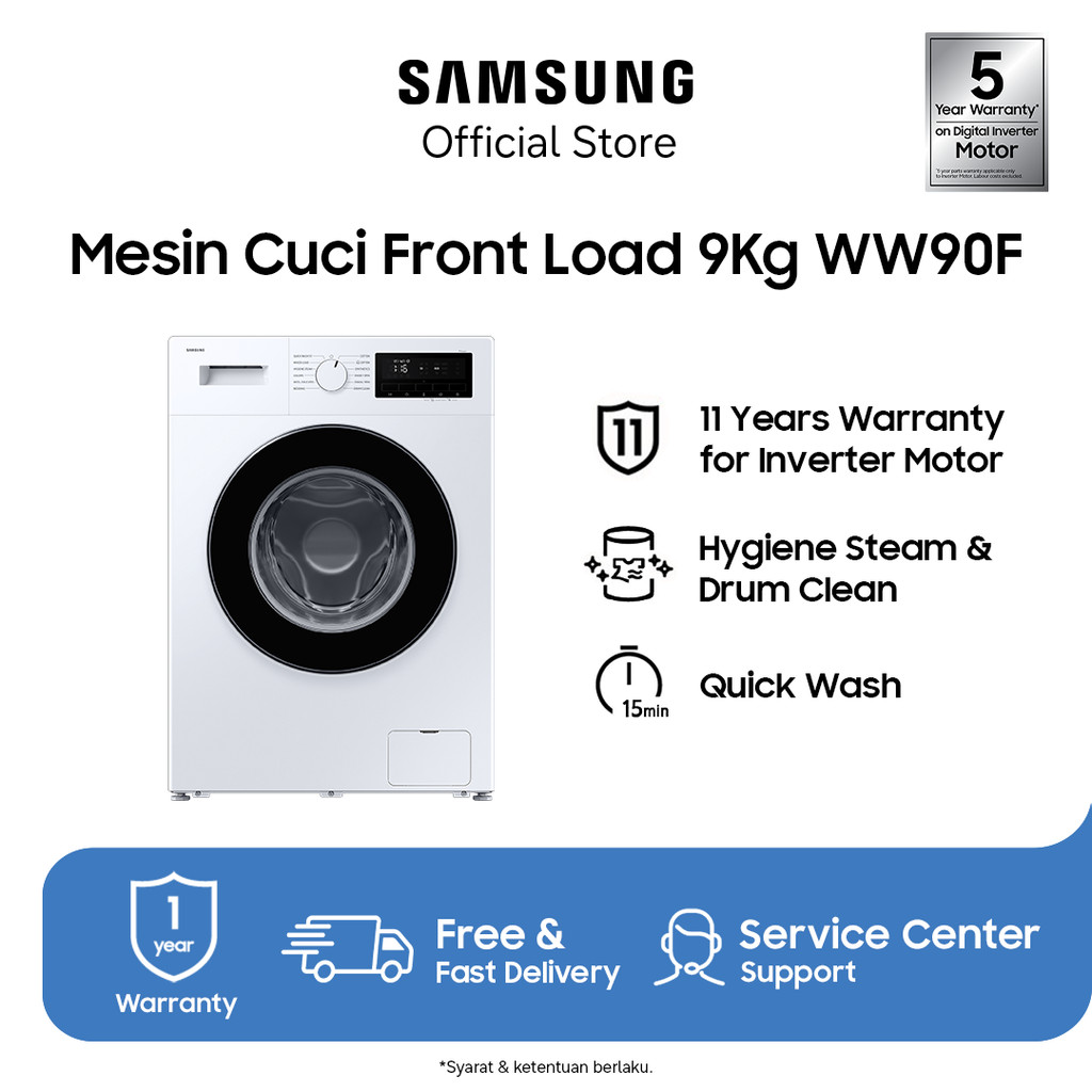 Samsung Mesin Cuci Front Load 9Kg | Hygiene Steam | Drum Clean | WW90FG3M05AWSE