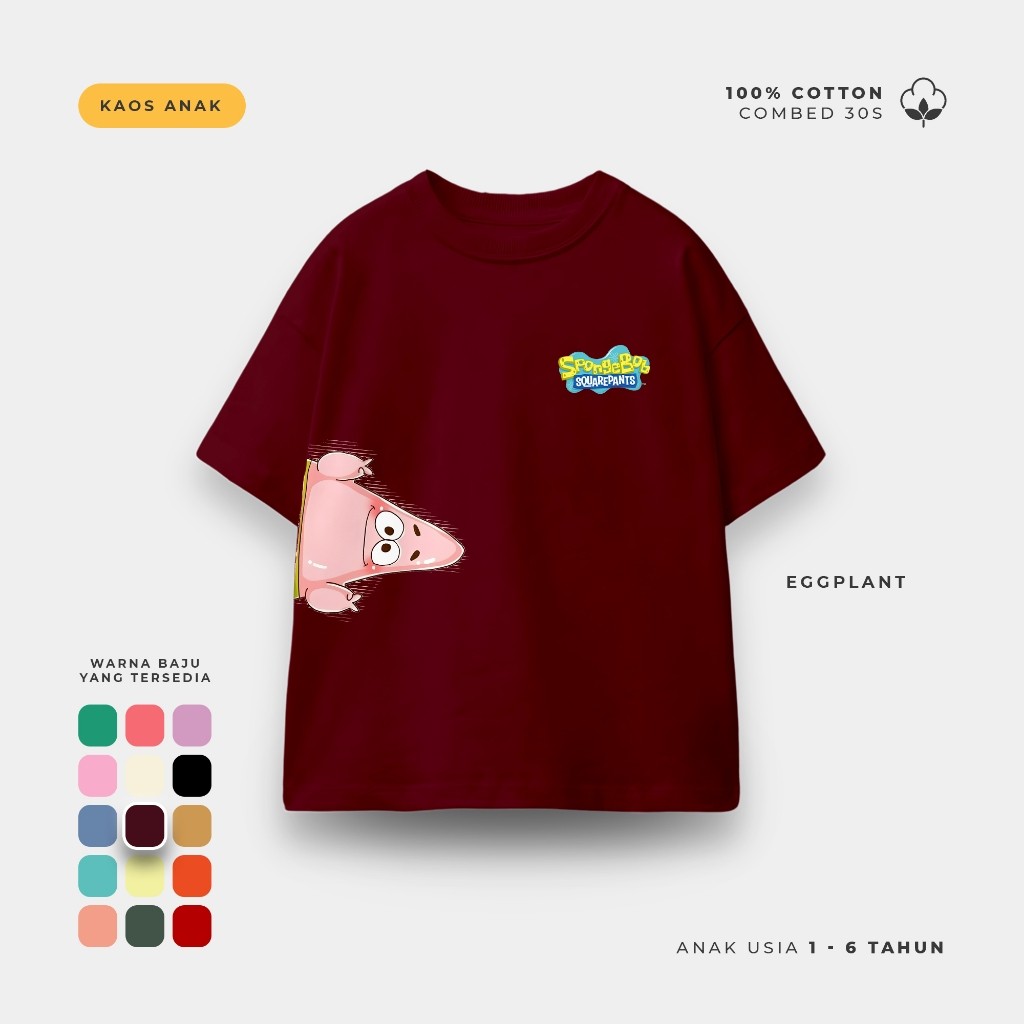 Kaos Anak Lengan Pendek Baju Anak Ula Kids Kaos Spongebob Karakter Patrick Usia 1 - 6 Tahun Hoodie J