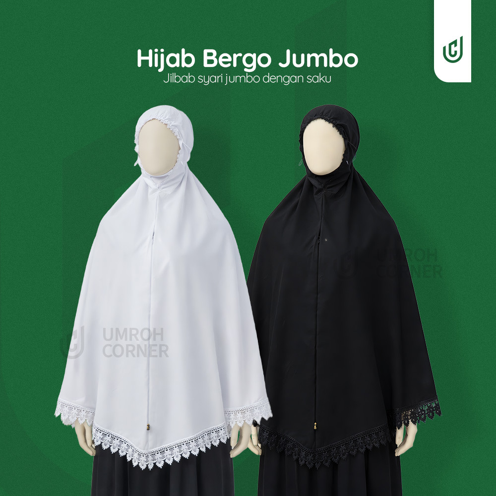 Jilbab Bergo Jumbo Haji Umroh - Hijab Khimar Kerudung Syari Jumbo Hitam Putih Umrah
