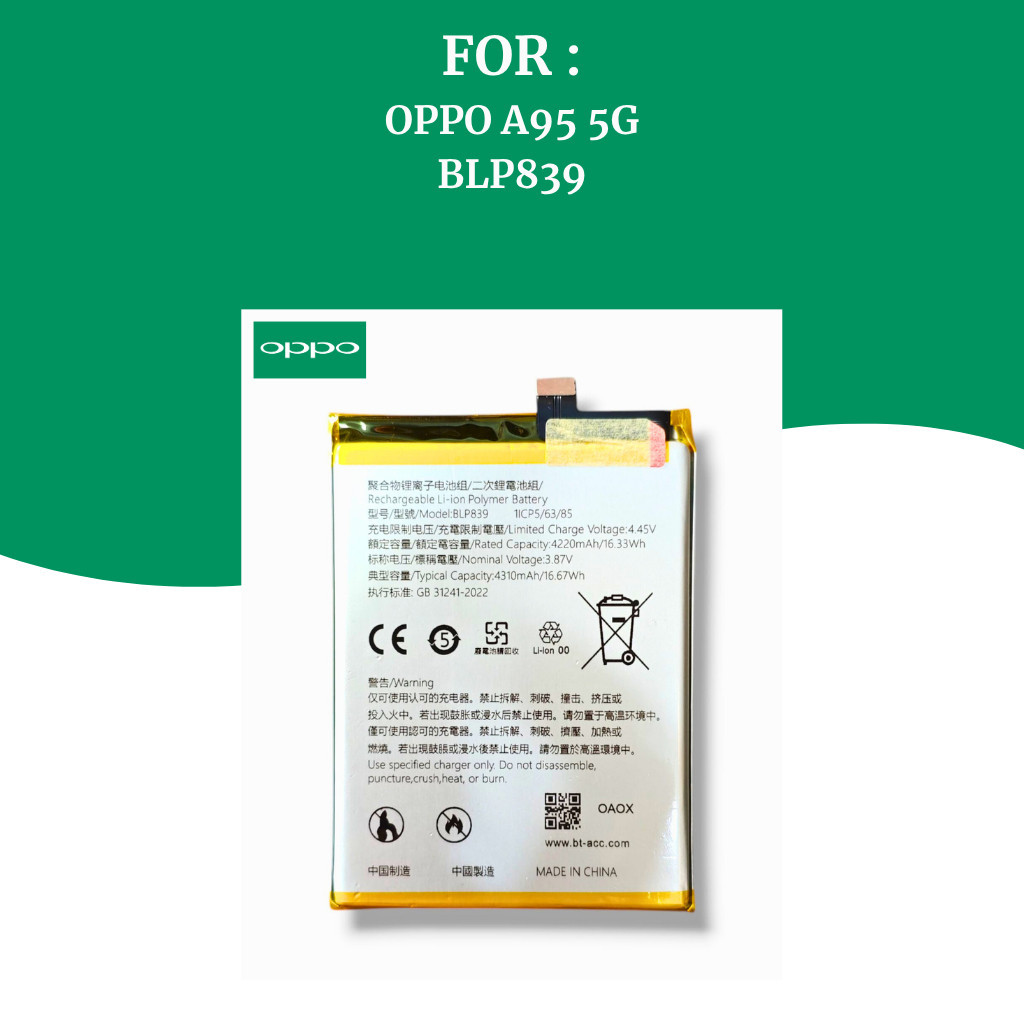 Battery Baterai Oppo A95 5G  Batre HP Oppo Ori ( BLP839 )  Battery Ori Non Garansi