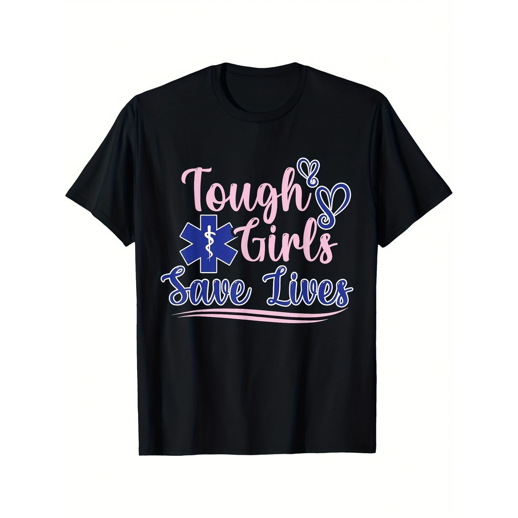 Kaos EMT "Strong Girl Save Lives" Pakaian Sepanjang Musim - Kaos O-Neck Lengan Pendek Katun Hitam, S