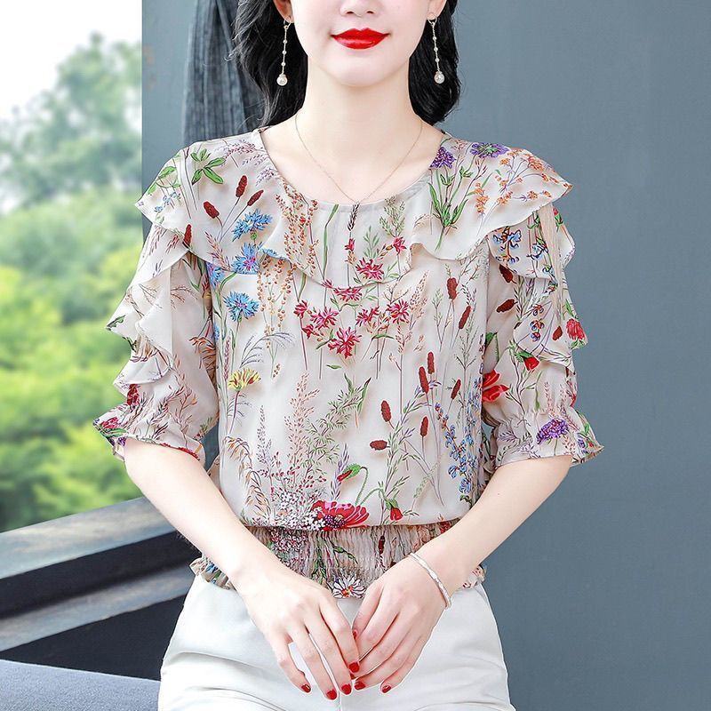 Ruffled Short Sleeve Printed Shirt New Slim Fit Short Top