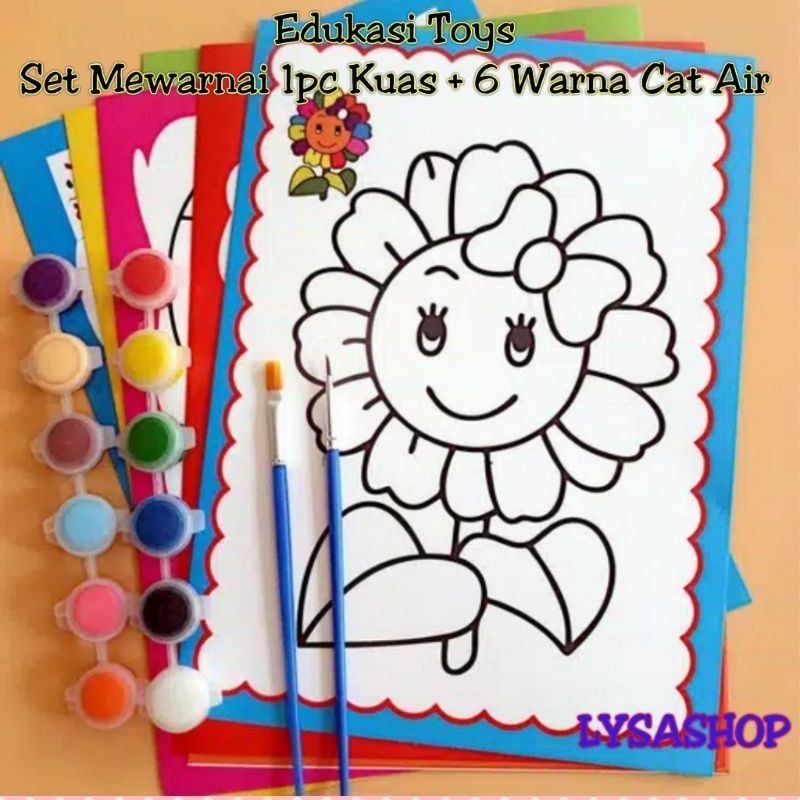 Mainan Edukasi Anak Set Mewarnai Buku Gambar Menggambar Free Kuas & 6 Warna Cat Air
