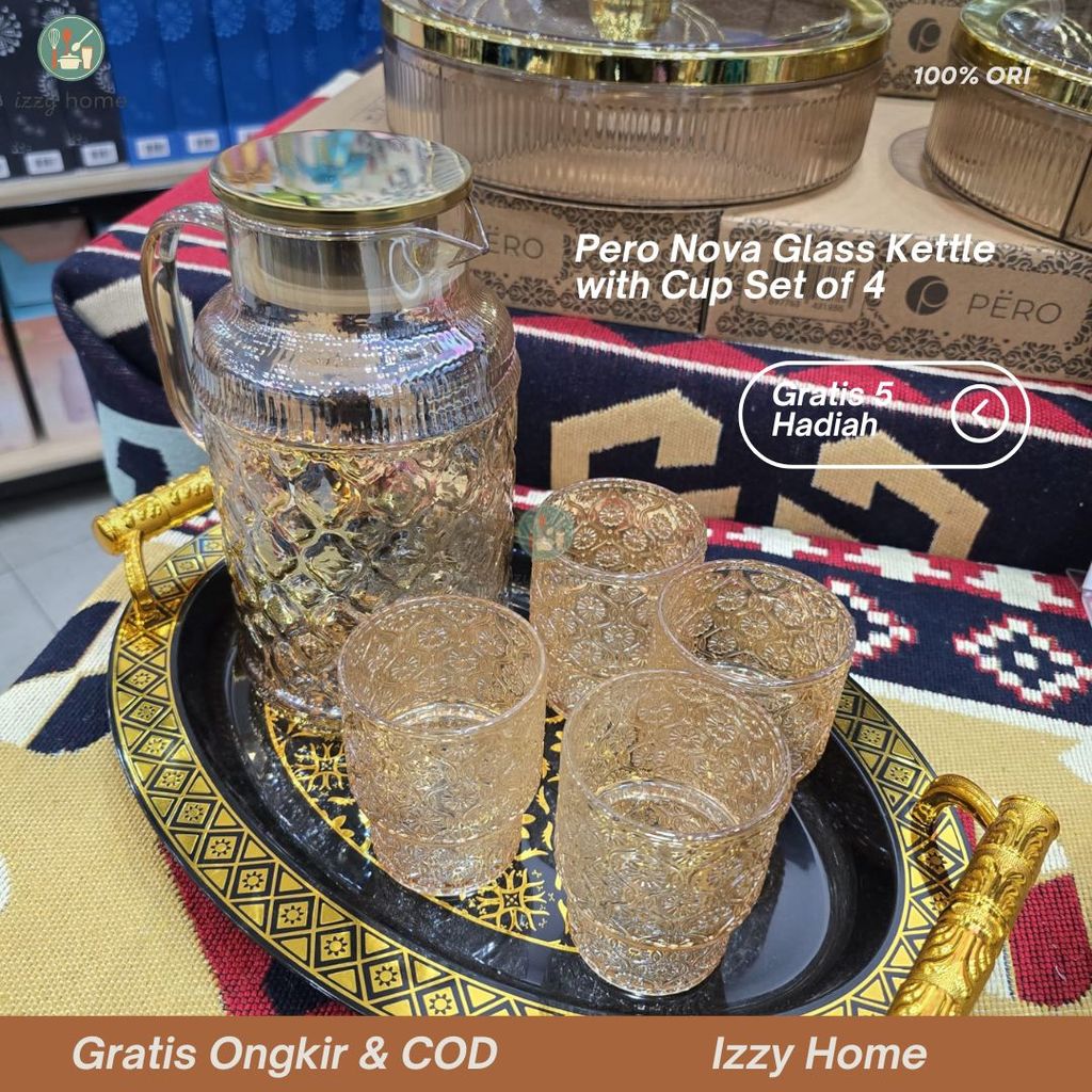 [Gratis 5 Hadiah] Pero Nova Glass Kettle With Cup Set of 4 - Teko Kaca Premium dengan Gelas Isi 4