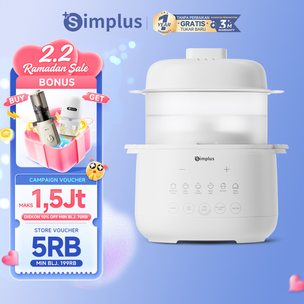 Simplus Slow Cooker Listrik 1L Panci Rebus dan Kukus dengan Menu Preset Cerdas untuk MPASI Bubur Bay