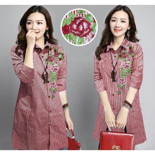 7095 tunik wanita busui kancing kemeja kerja salur garis katun bordir - Biru