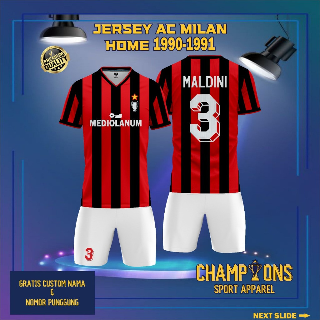 Jersey Sepak bola custom AC MILAN HOME RETRO 1990-1991– Full Printing Dryfit Milano | Nama & Nomor