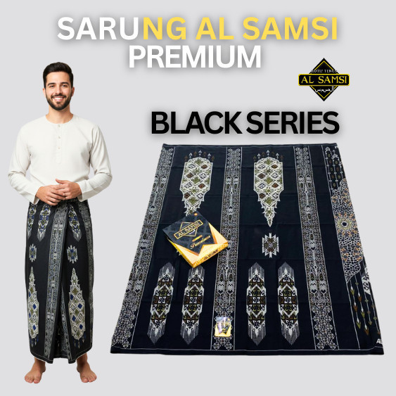 Sarung Al Samsi Premium Black Series Terbaru Dewasa Tenun Halus Sholat Pria Elegan Murah Grosir Ecer