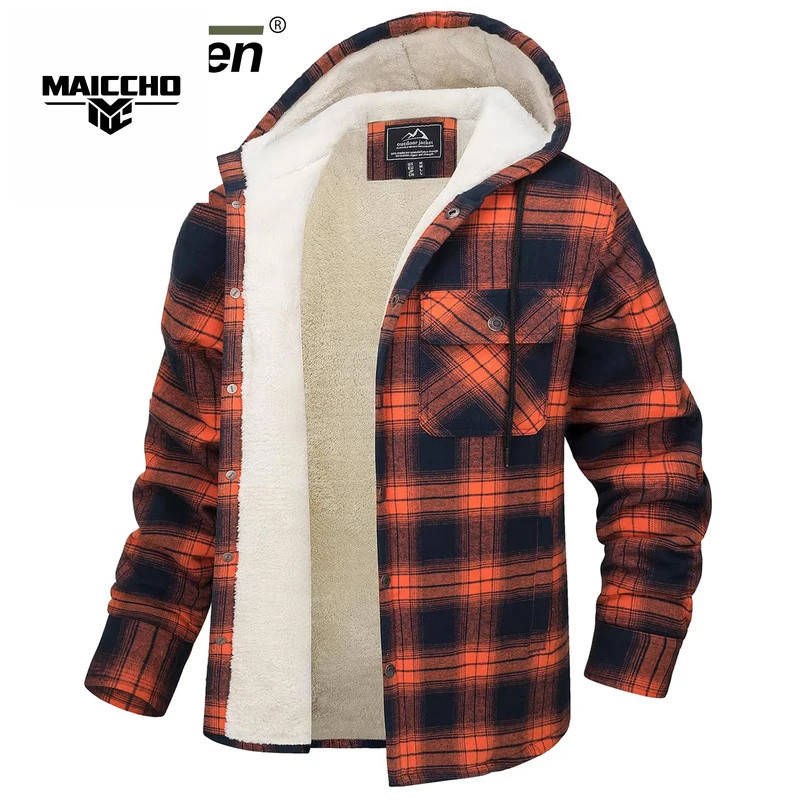 Jacket Sherpa Lined Flannel Heavyweight Hooded Fleece Thicken Warm Button Down Plaid Outwear Coats