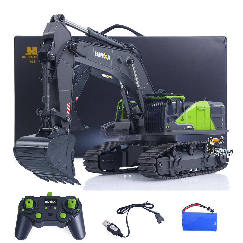 RC Excavator Huina 1:14 28 Rotation 1593 Alloy Green RC Remote Control Truck Toys Screw Drive Double