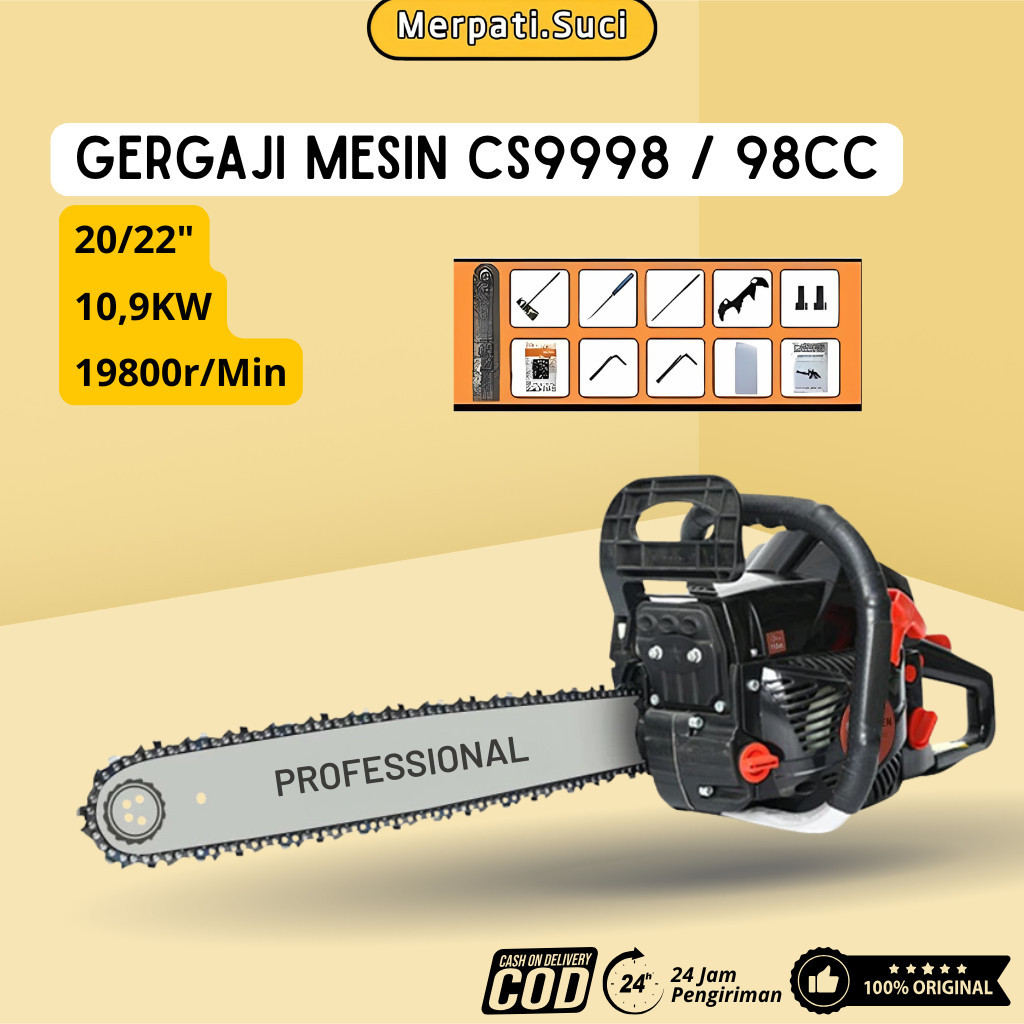 Gergaji Mesin Kayu Chainsaw Hitam CS9998 98CC 20 - 22 Inch 2Tak  Tipe Bensin Gergaji Mesin Potong Ge