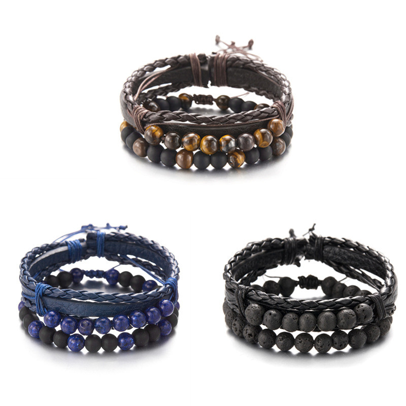Gelang pria sastra, tali anyaman batu mataharimau, set gelang kombinasi kulit.