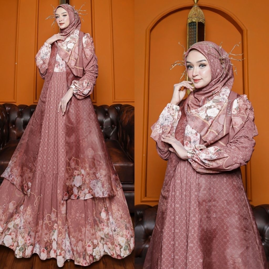 LAILA SERIES BY D'MECCA SYARI GAMIS CERUTY PREMIUM OUTER CARDI ORGANZA PRINTING SET JILBAB SCARF VOA