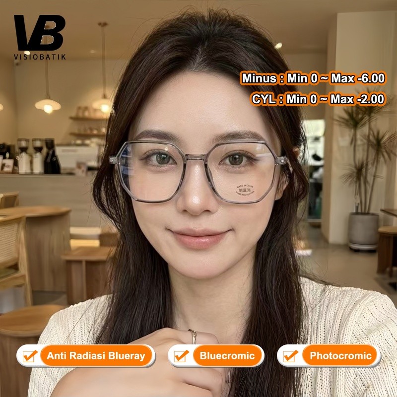 VisioBatik kacamata minus Anti Radiasi Blueray Round kacamata wanita minus 2 in 1 Bluecromic Photocr