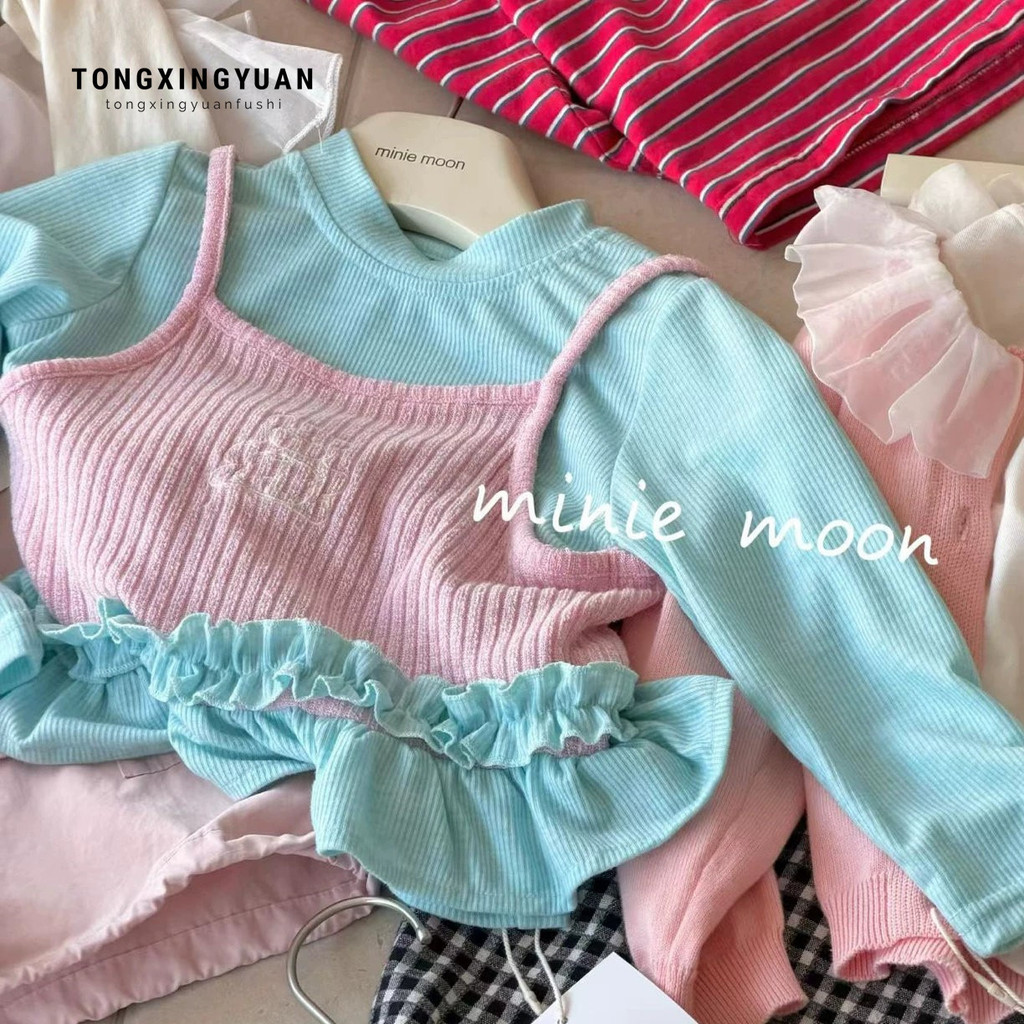 Anak Perempuan T Kaos dasar tipis untuk anak-anak, set dua potong baru.