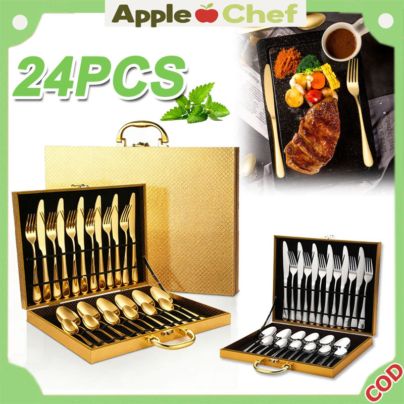 AppleChef Premium Sendok Garpu Pisau Set 24 PCS Stainless Steel Tebal Gold Premium Alat Makan Sendok