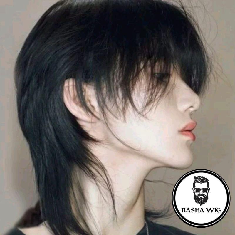Wig Pria Rambut Pendek Mullet Panjang Warna Hitam Gaya Pria Rambut Model Wolfcut