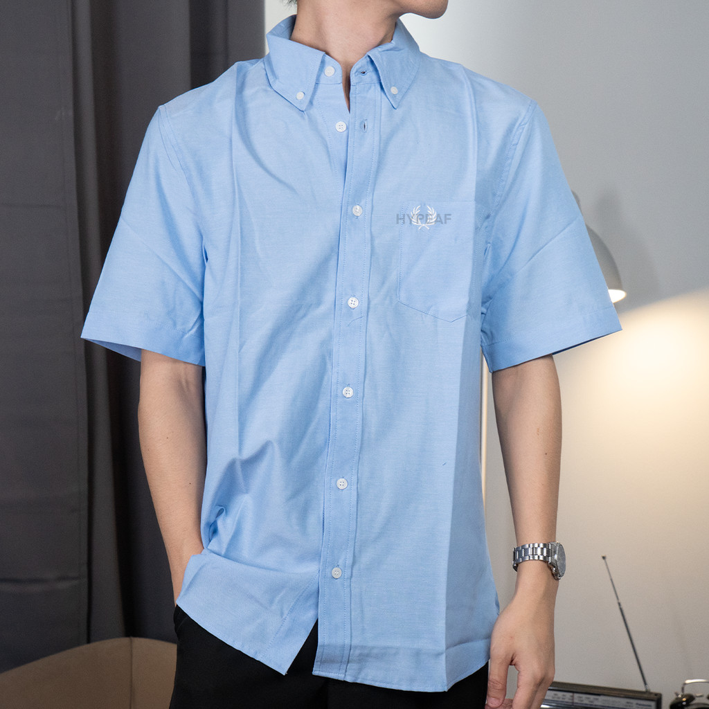 FRED PERRY Light Blue Short Sleeve Oxford Shirt Kemeja Lengan Pendek Original