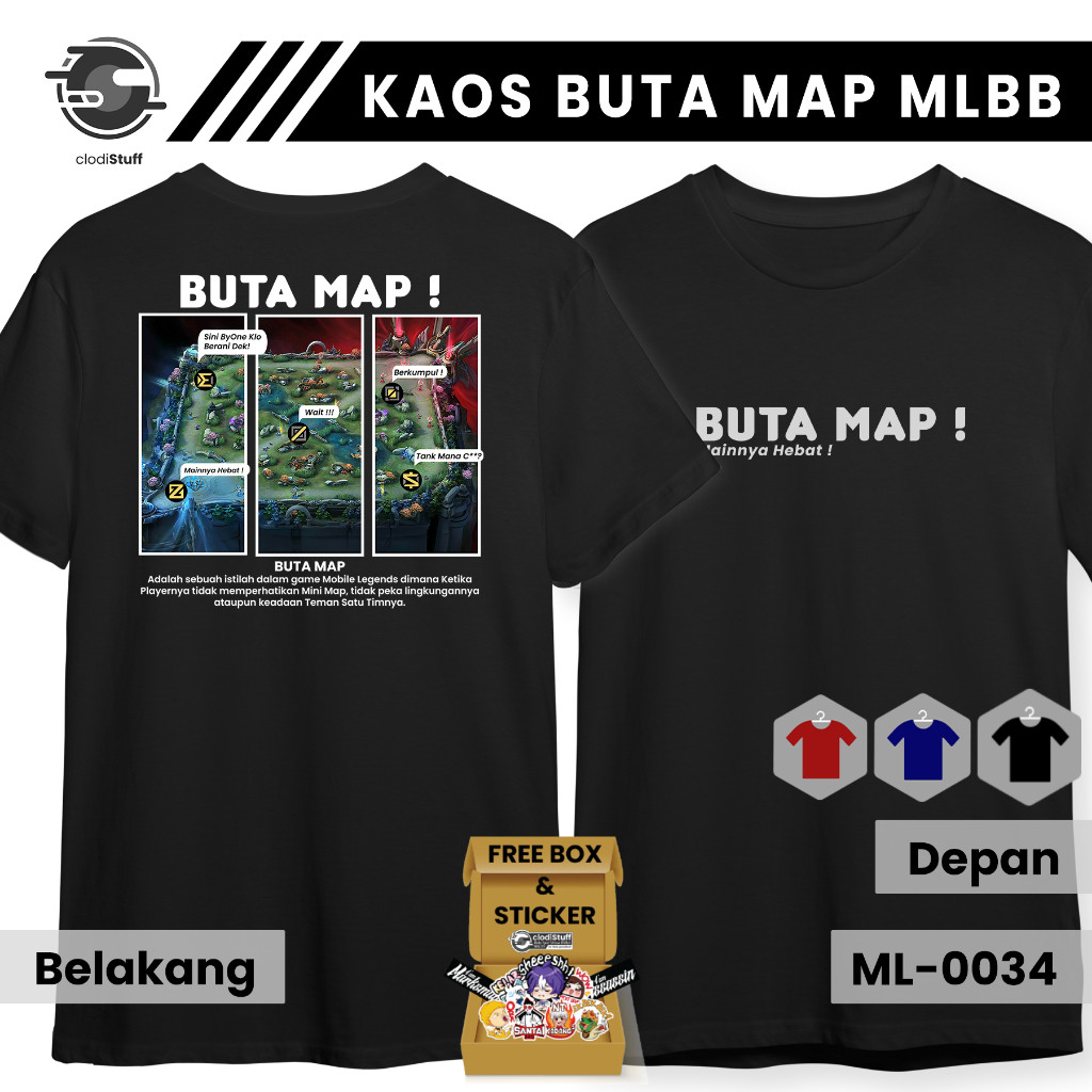 Kaos MLBB Unik BUTA MAP Mobile Legends Lengan Pendek Hitam Bahan Cotton Combed 30s Kaos Pria-Wanita 