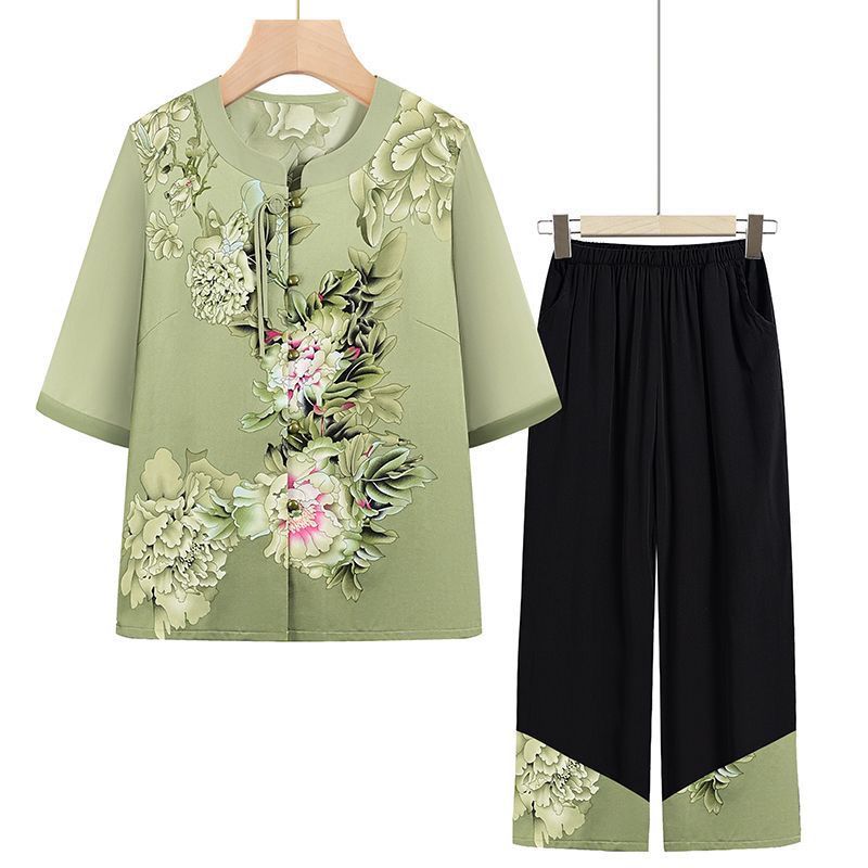 Kemeja Lansia Musim Panas Setelan Wanita Katun Lengan Panjang Blus Terusan Nenek