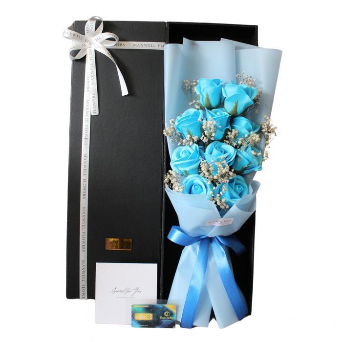Hadiah bunga bouquet buket bunga sabun import lampu valentine box - Biru