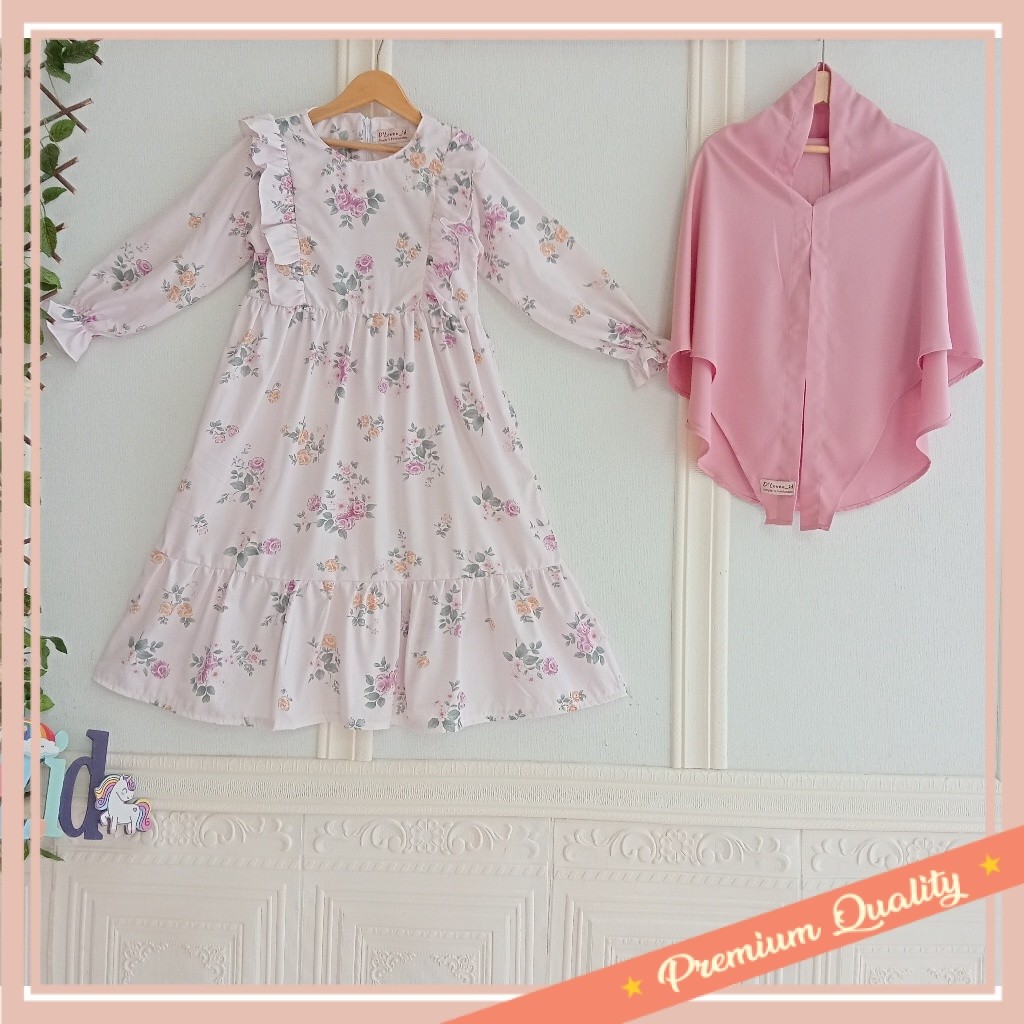 Set Gamis Anak 1 - 14 Tahun Free Hijab Instan / Set Gamis Kaira Motif Baru/ Termurah