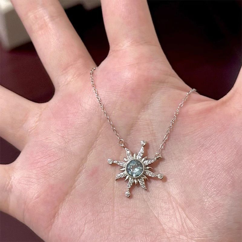 Wanita Kalung Matahari Kecil Biru Es - 925 Rantai Klavikula Perak