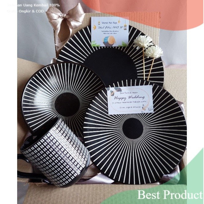 HAMPERS SET PIRING, MANGKOK DAN MUG KERAMIK [FREE GIFTCARD CUSTOM]/ Hitam Abu Putih Silver