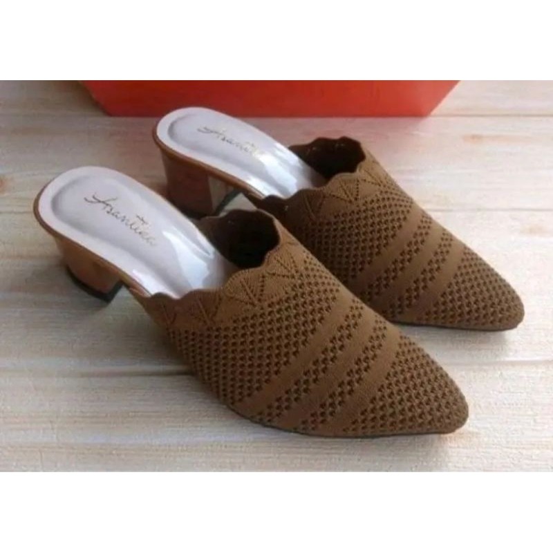 Sandal Slop Wanita Hak Tahu 5 Cm RJT Elastis Rajut