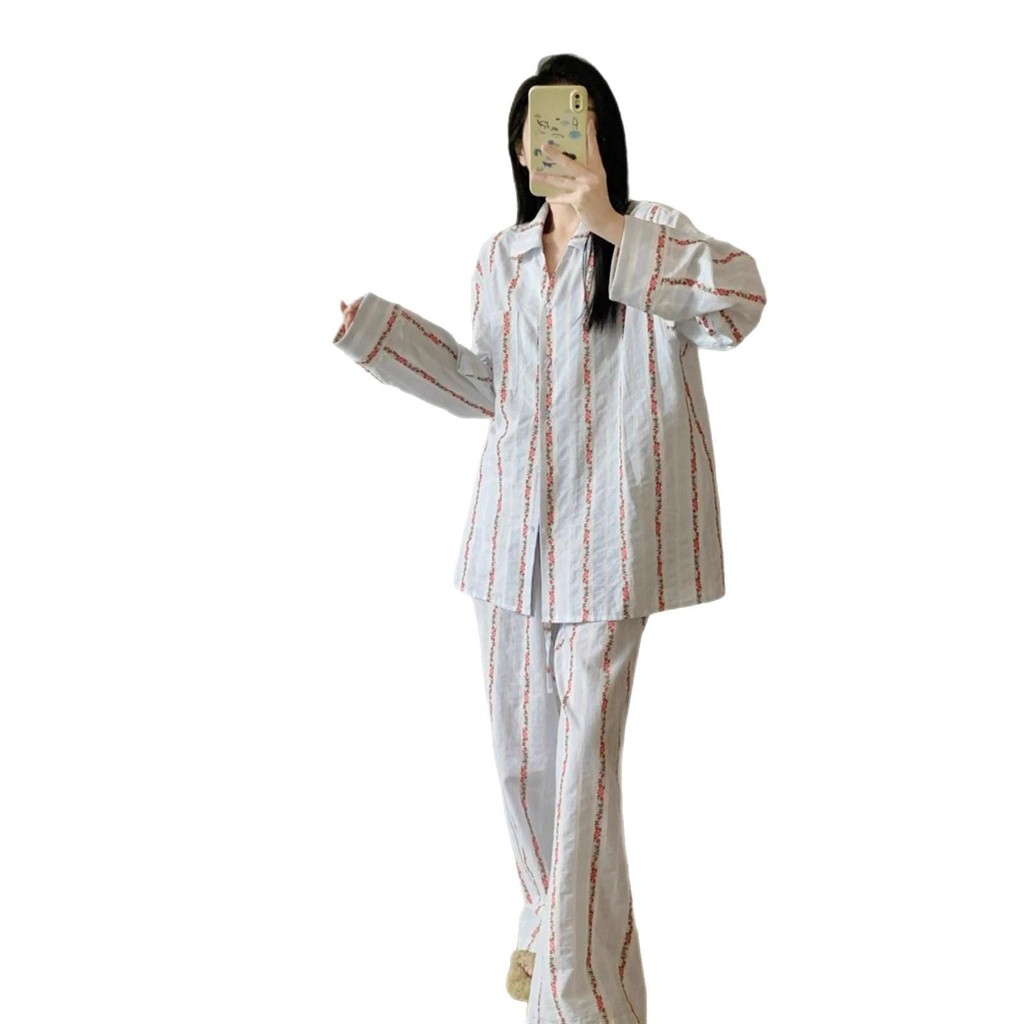 [Saror]Piyama Lengan Panjang Bergaris Bunga Elegan Gaya Korea untuk Wanita Ukuran Plus