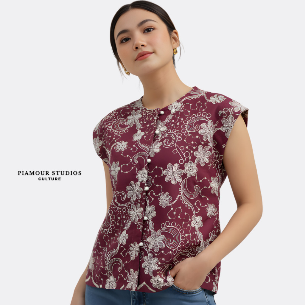NORA TOP Atasan Wanita Floral Blouse Crop Sleeve Vest Korean Katun Embroidery Bordir Rompi Kekinian 