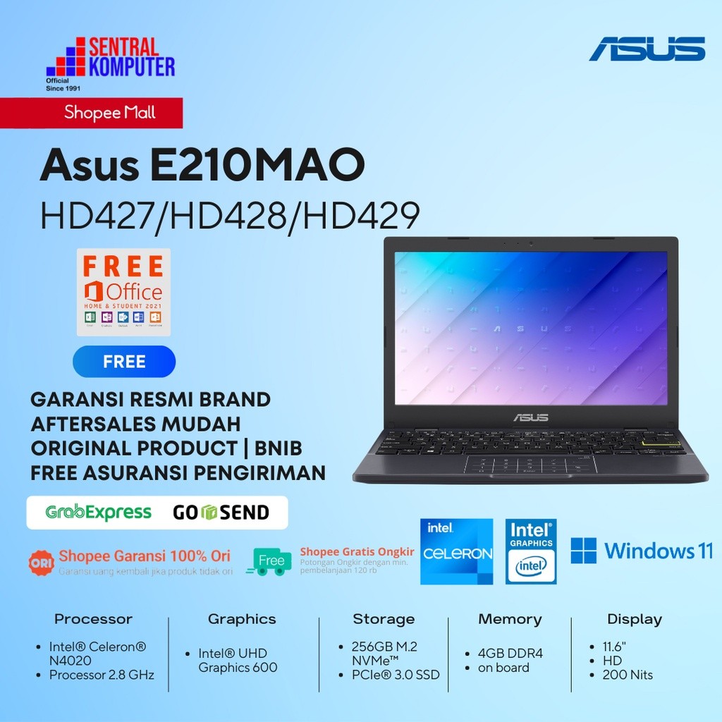 Asus E210MAO-HD427/HD428/HD429 Celeron N4020-4GB-256GB SSD-Win 11+OHS