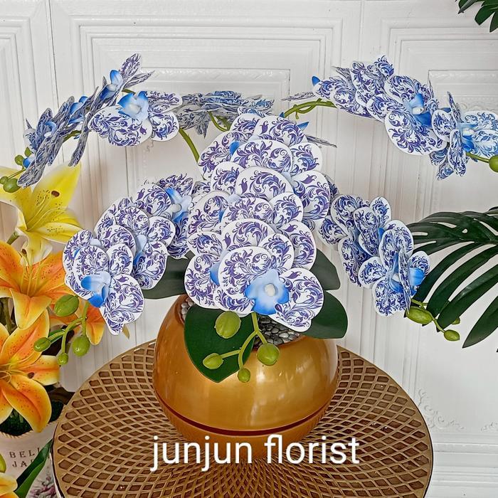 satu set bunga anggrek latex artificial vas gold - biru batik