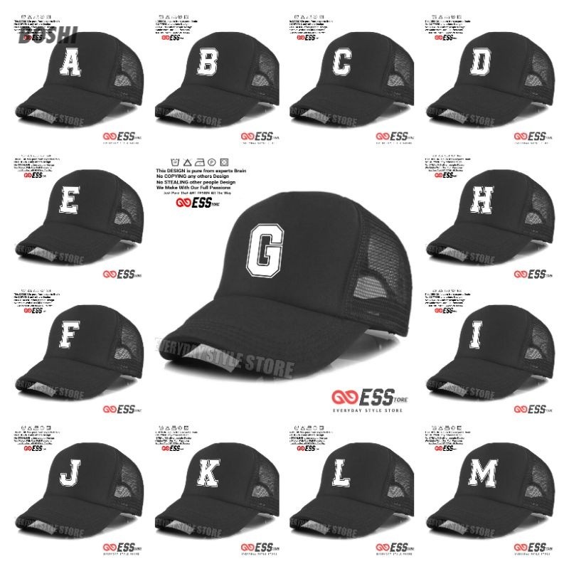 Topi Huruf A-M Trucker Jaring - Topi Inisial Huruf Abjad Alphabet Teks Huruf ABCDEFGHIJKLM