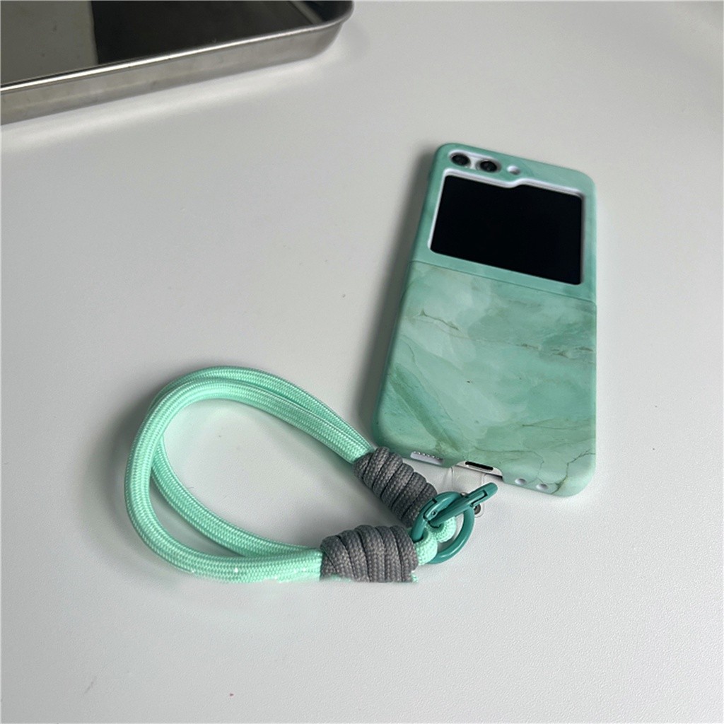 Mewah Korea Portable Anti-kehilangan Tali Tangan Marbling Green Case Sederhana untuk Galaxy Z Flip 5