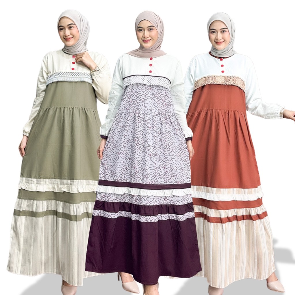Gamis Katun Kombinasi Terbaru Dress Gamis Susun Kombinasi Brukat Kancing