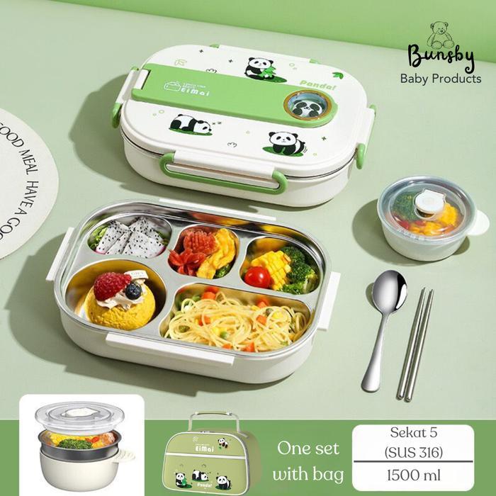 Buns Premium Stainless 316 lunch box | tempat makan anak stainless - Panda, lunch box + tas
