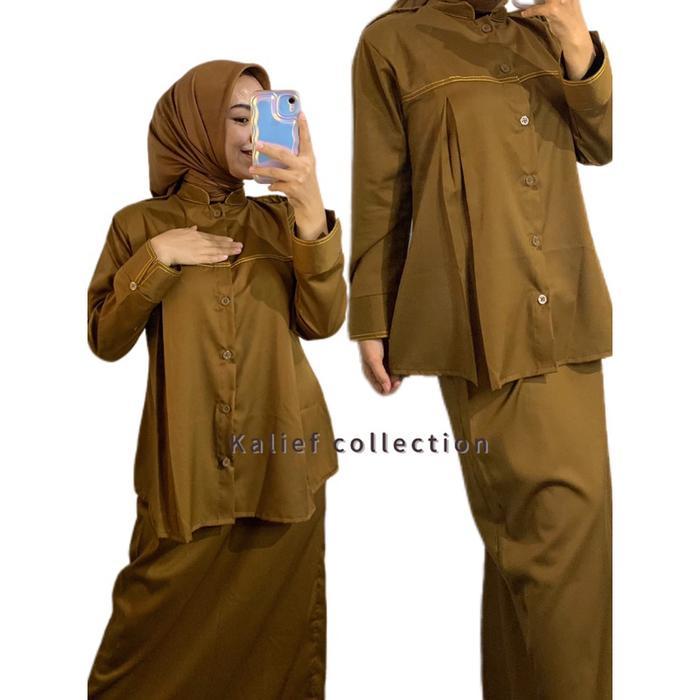 PROMO DISKON Baju Stelan Khaki tua Hamil PDH Pns Wanita terbaru - Set celana, S