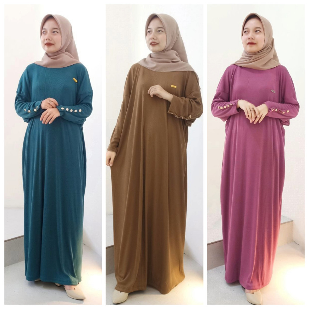 ABAYA RIB | Ria Inara Dress Batwing Kancing Bahan Knit - Gamis Jumbo Murah - Dress Warna Maroon Mera