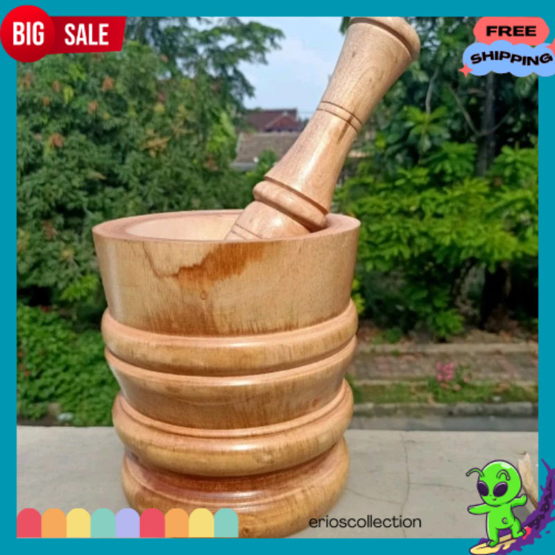 EC Lumpang Kayu Besar Ukuran 16 Cm + Alu / Tumbukan kayu Besar Kuat Tidak Mudah Patah