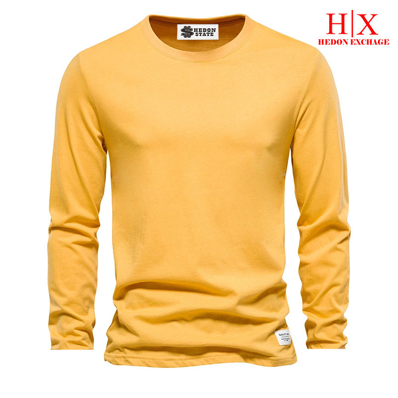 HEDON STATE Baju Kaos Panjang Distro Warna Putih Kuning 100% Cotton Pria Wanita Unisex Kekinian
