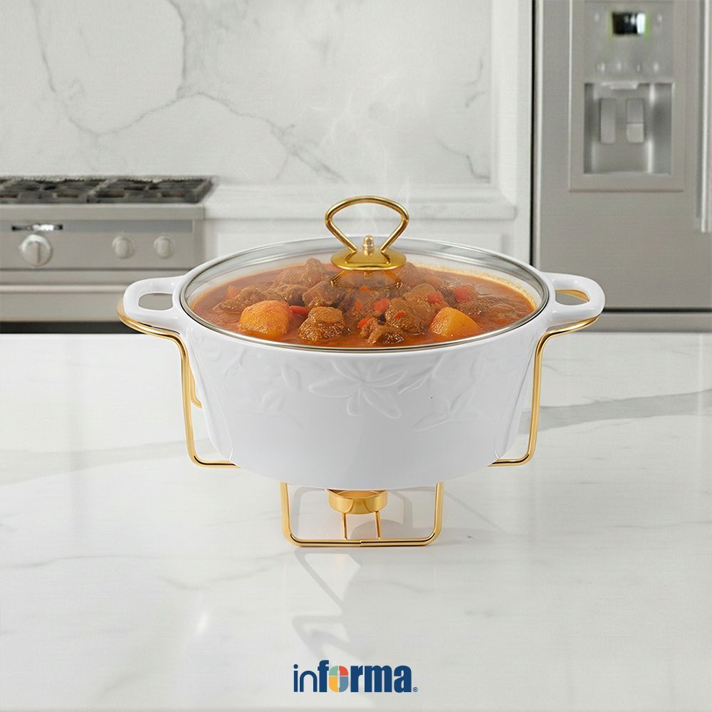 Informa Appetite 30 cm Lily Wadah Saji Casserole Porcelain Round Dengan Tutup & Rak - Putih