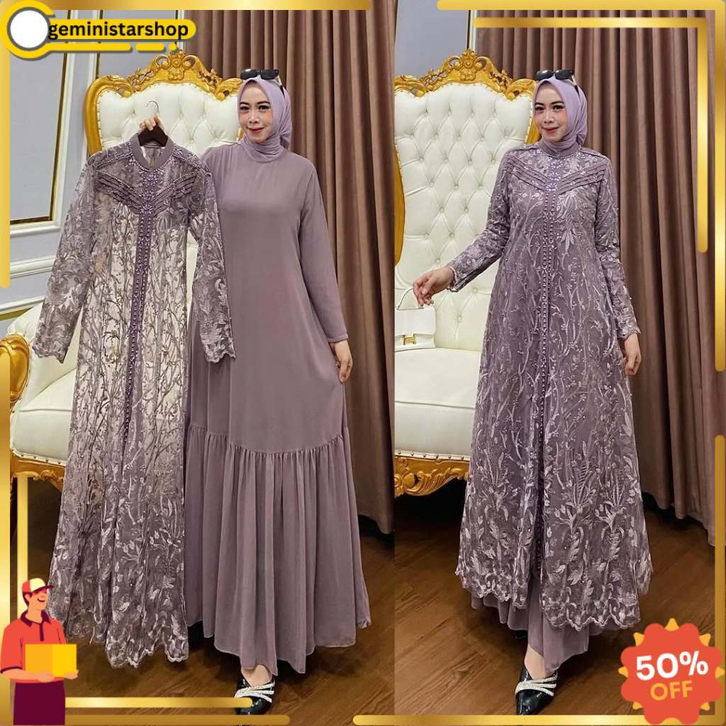 JUAL Baju Gamis Set Outer Brukat Model Terbaru Zallia Dress BL Size M L XL XXL XXXL Bahan Ceruty Bab