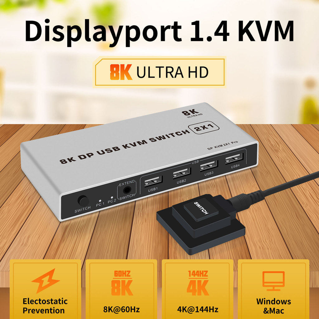 8K splayport KVM Swit 4K@144hz 2-port USB KVM 8K splayport 1.4 Swit KVM Dp swit mouse&keyboad suppor