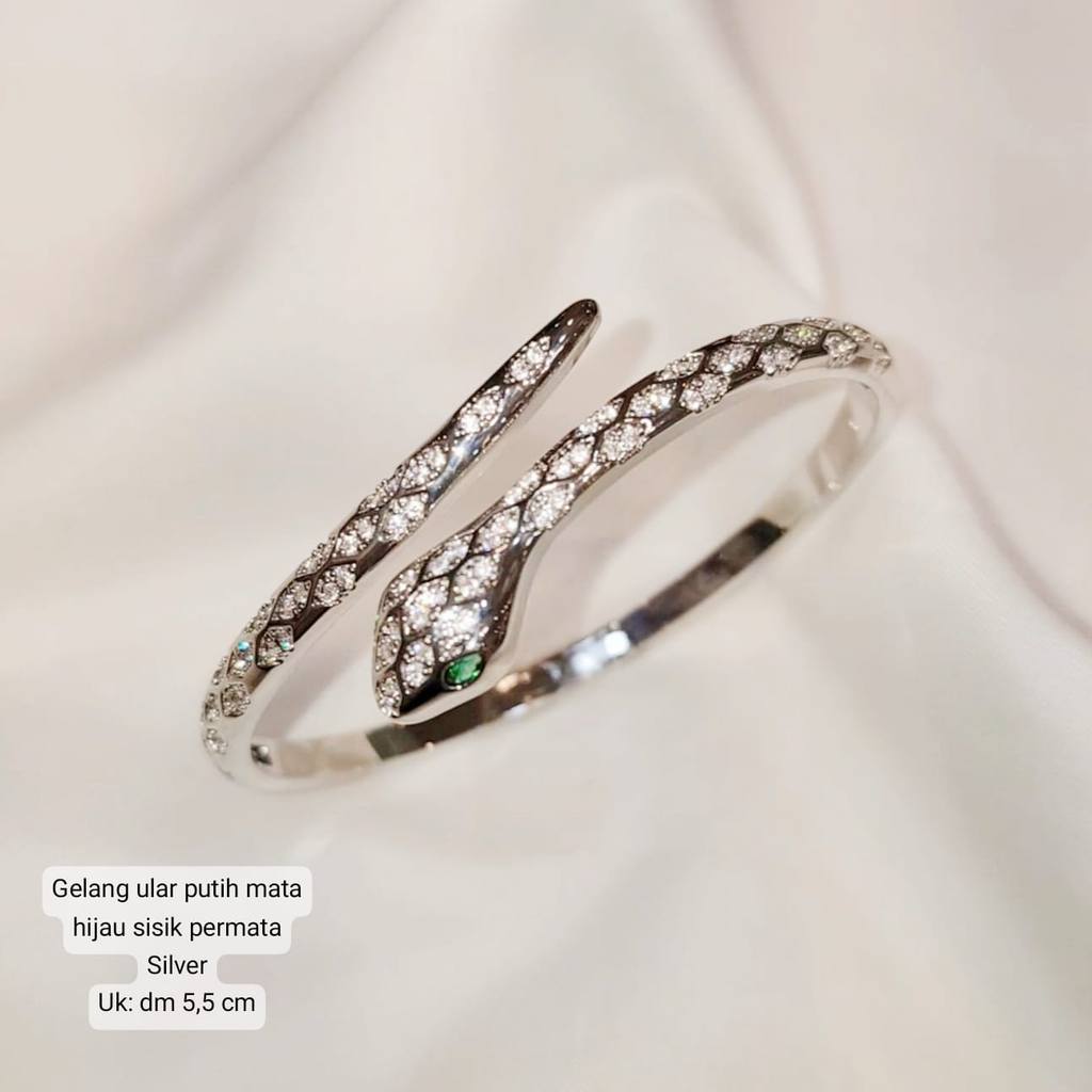 DEUX-Gelang Ular Putih Mata Hijau Sisik Permata Hijau